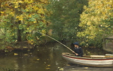 Jesień, chłopiec łowi ryby z łódki