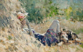 Dziewczyna z psem siedząca przy stogu siana