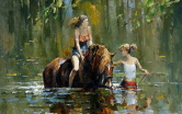 Dwie dziewczyny (jedna na koniu) przeprawiają się przez rzeką