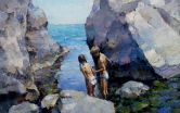 Dziewczynka i chłopiec wśród skał nad morzem